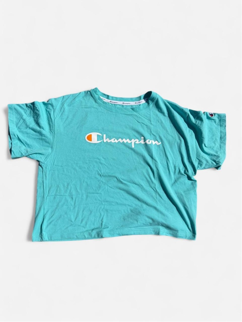 Champion Women’s Large Teal Cropped Script Logo T-Shirt